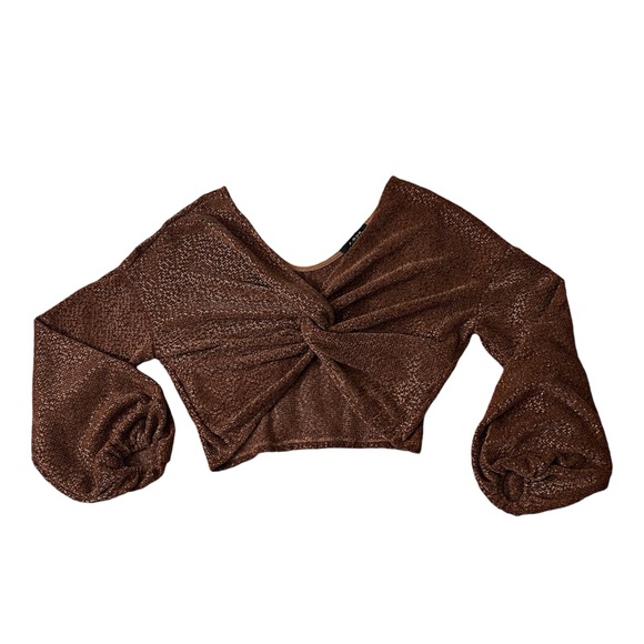 J.Our Shimmer Copper Bishop Sleeve Center Twist ‎ Crop Top Size M Coquette Y2k - Picture 1 of 12
